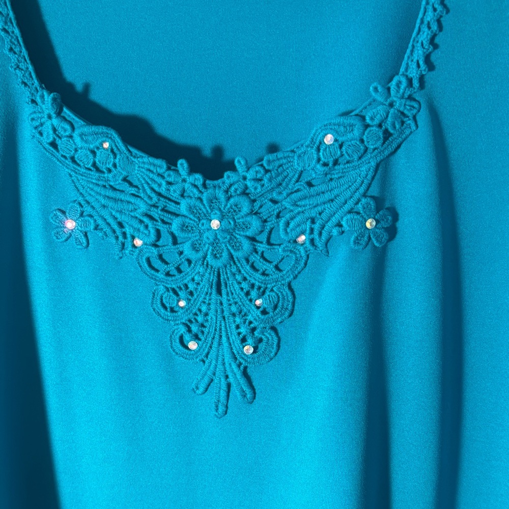 Susan Graver Teal Embroidered Blouse and Black Skirt Set, Skirt M/Blouse L - Picture 6 of 8